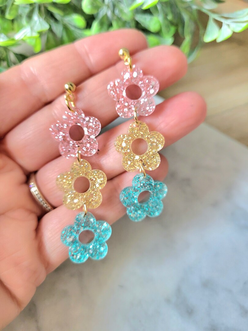 Glitter Floral Acrylic Dangle Earrings, Handmade Lightweight Jewelry, Cute Statement Earrings, Gift for Her, Spring Summer Accessories MakerPlace by